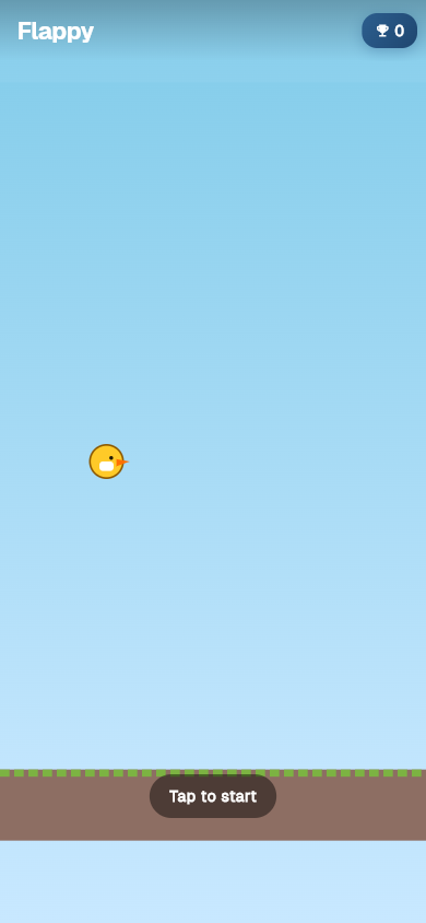 Flappy bird arcade — yellow chick mid-flight, Tap to start