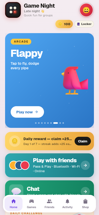 Game Night home screen — Ludo hero, Quick Play tiles, Activity feed, bottom navigation