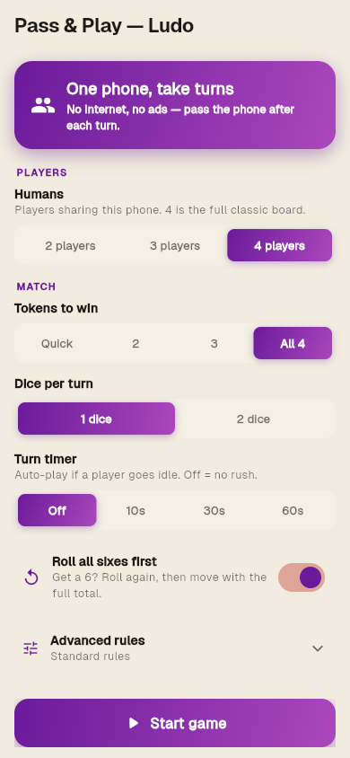 Ludo setup — 4 players, all 4 tokens to win, 1 die per turn, Start game