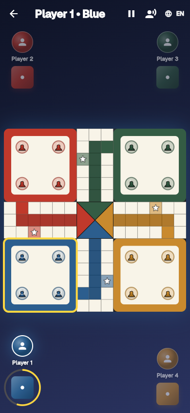 4-player Ludo board with classic red, green, blue, yellow homes and pawns