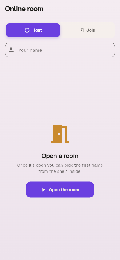 Online room screen with Host / Join, name field, Open the room button