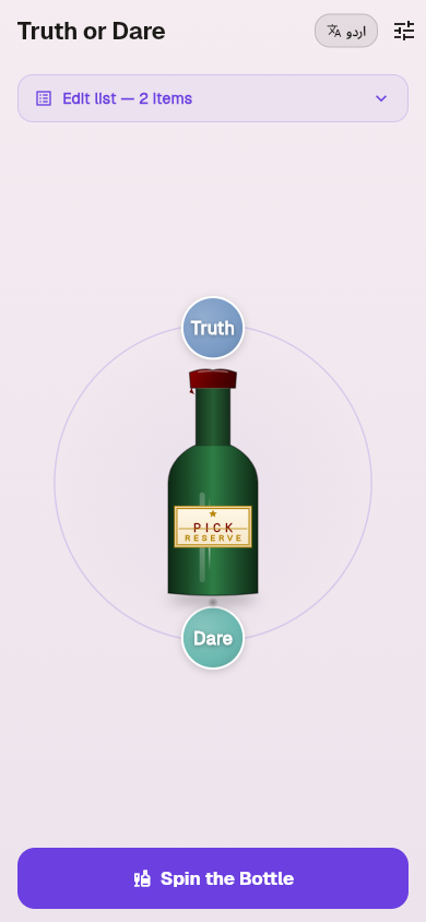 Truth or Dare bottle picker with EN/Urdu toggle